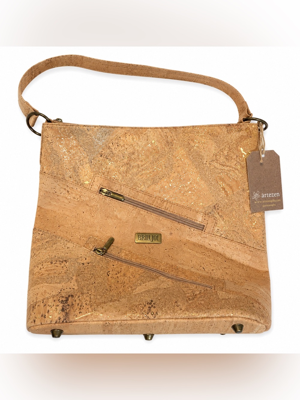 BrilJoi Artezen Paige Cork Shoulder Bag Metallic Gold Portugal NWT